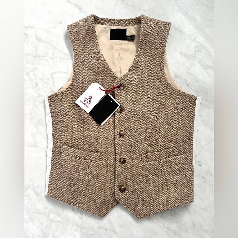 NWT ASOS Wool Harris Tweed Waistcoat Vest - Brown Herringbone - 40 Chest